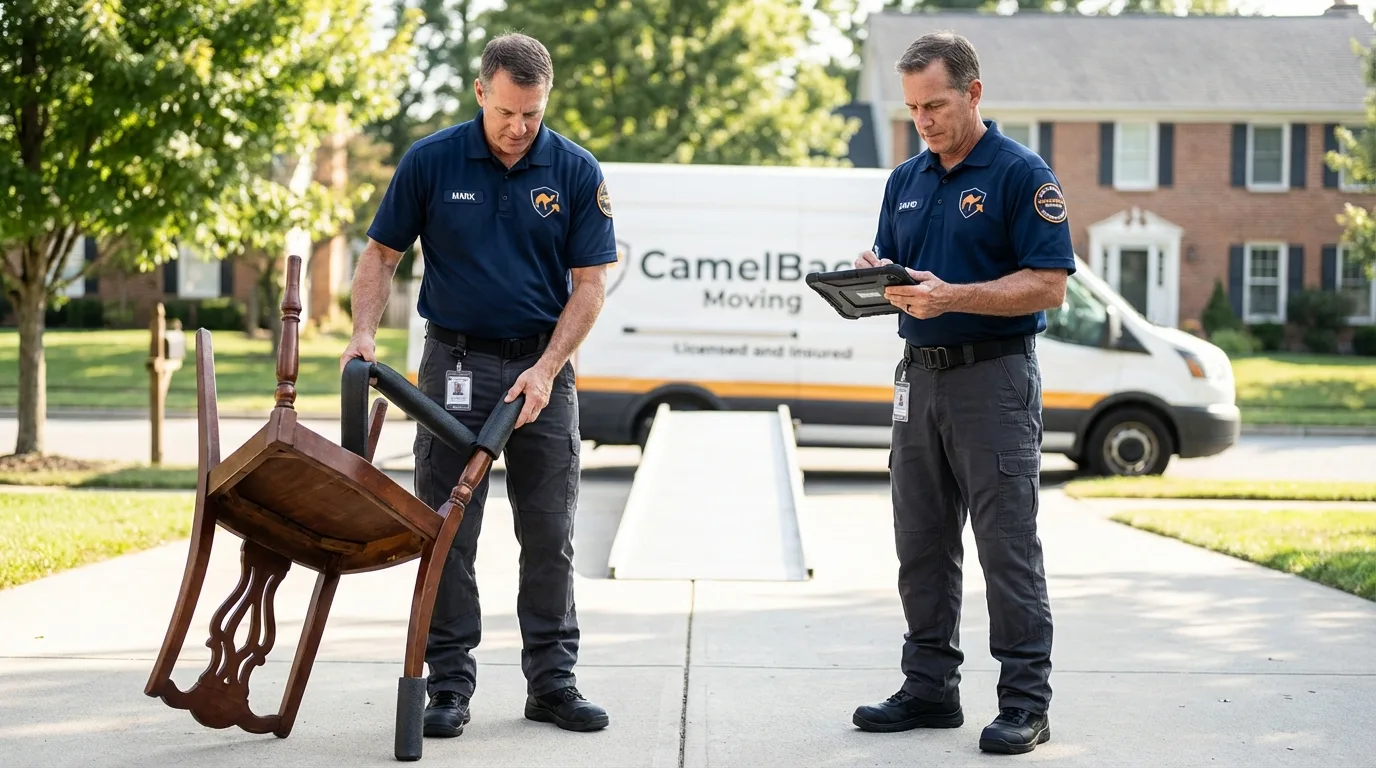 Movers inspecting furniture for damage prevention before loading in Carnation, WA