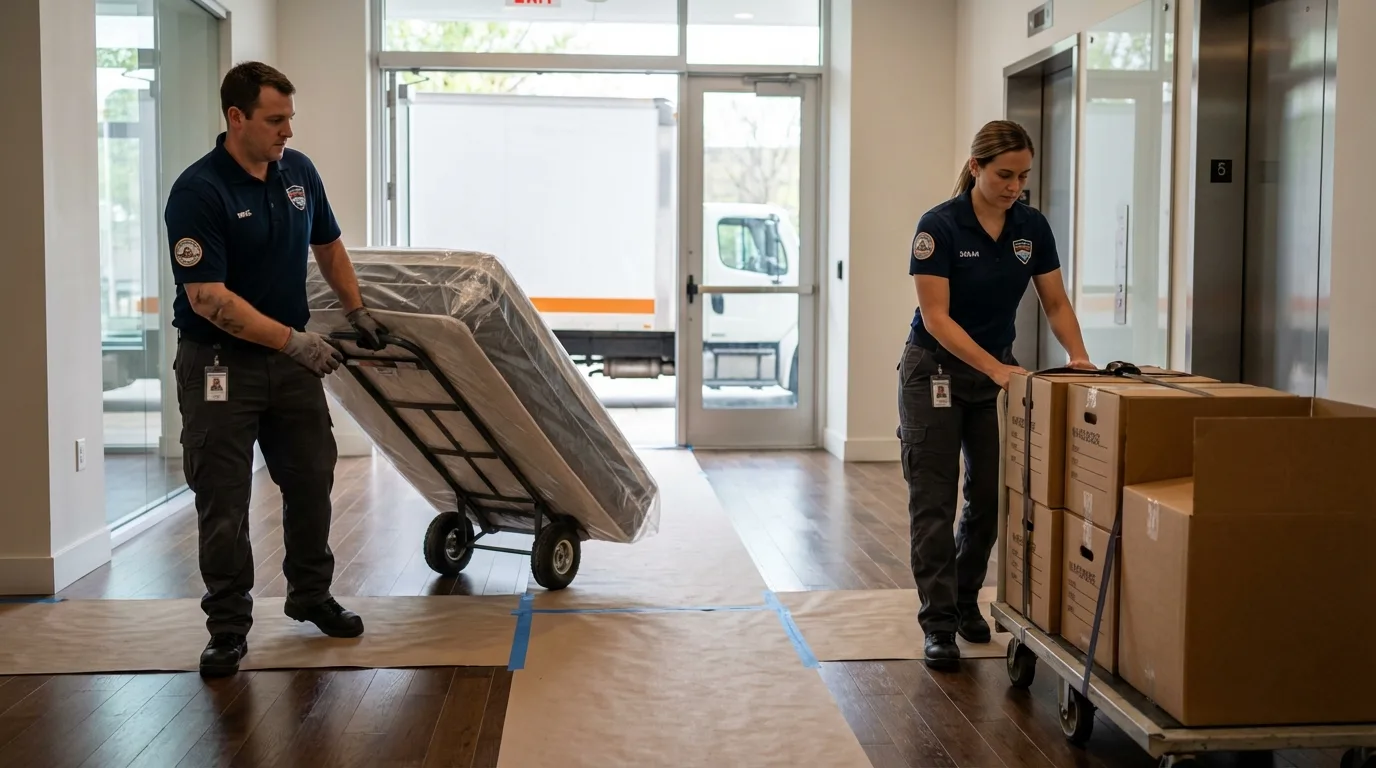 Professional apartment movers loading elevator in Carnation, WA